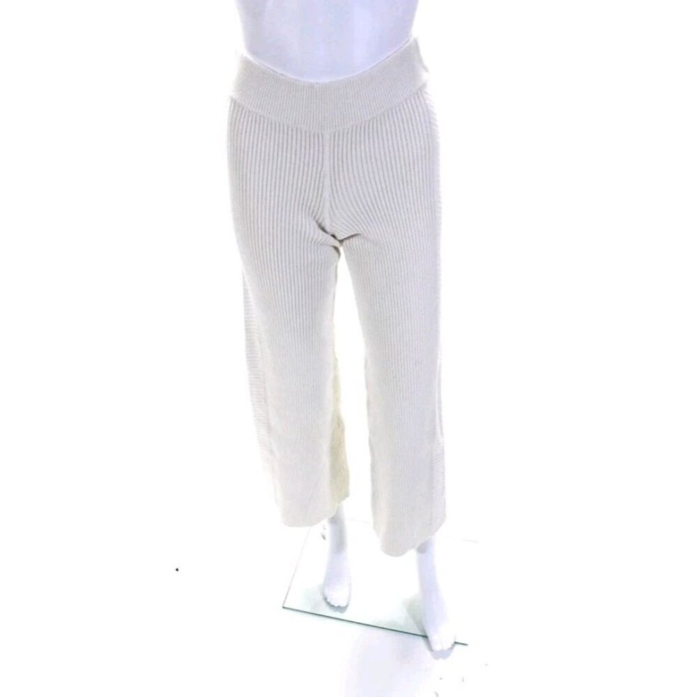 Toccin Womens Ribbed Knit Mid Rise Wide Leg Pants White Cotton Size XS